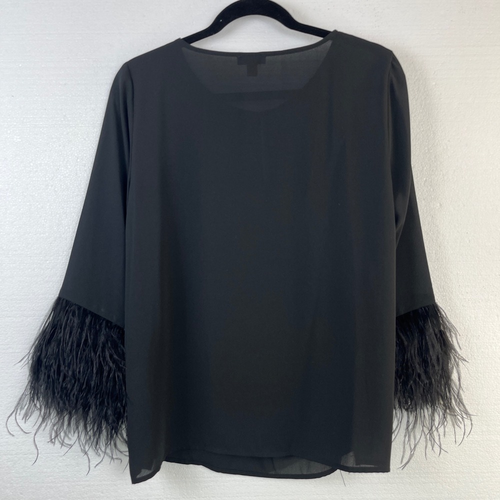 Vince Camuto Black Feather Trim Bell Sleeve Sheer Blouse Size Medium Whimsigoth - Picture 5 of 9